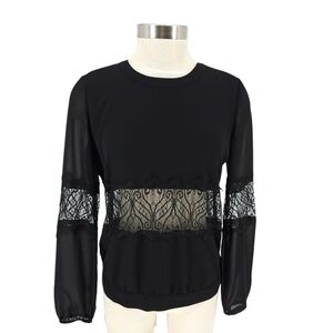 GUESS Blouse Black Sheer Lace Panel Long Sleeve Sexy Keyhole Back Top XS